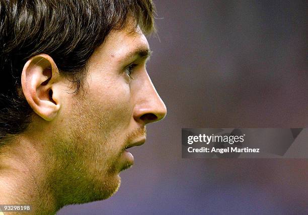 Lionel Messi of Barcelona looks on during the La Liga match between Athletic Bilbao and Barcelona at the San Mames Stadium on November 21, 2009 in...