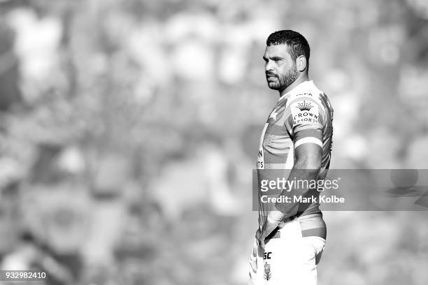 Greg Inglis of the Rabbitohs watches on during the round two NRL match between the Penrith Panthers and the South Sydney Rabbitohs at Penrith Stadium...