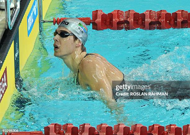 South African Darian Townsend touches at the finishing of the men's 200m freestyle during the Fina/Arena Swimming World Cup 2009 in Singapore on...