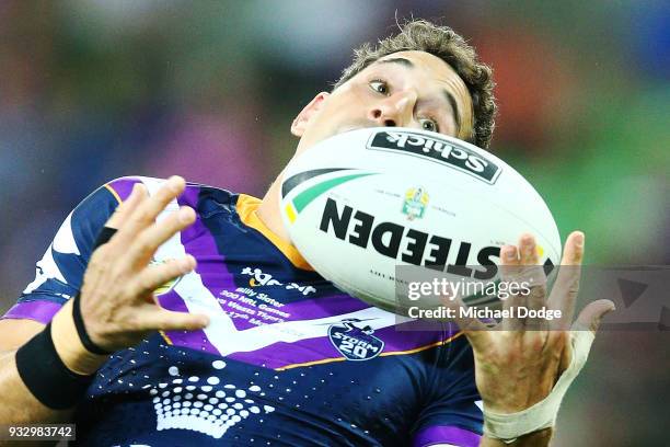 LMELBOURNE, AUSTRALIA during the round two NRL match between the Melbourne Storm and the Wests Tigers at AAMI Park on March 17, 2018 in Melbourne,...