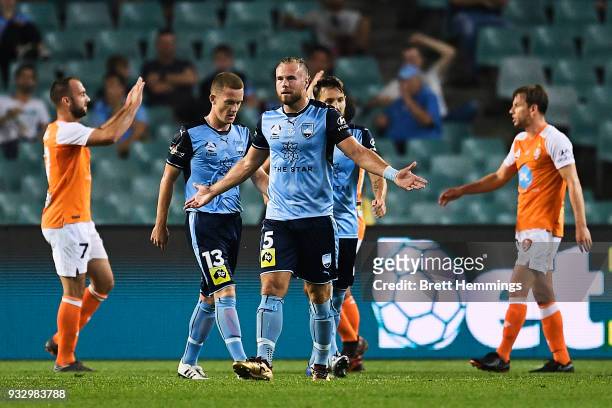 Jordy Buijs of Sydney reacts after a Brisbane goal during the round 23 A-League match between Sydney FC and the Brisbane Roar at Allianz Stadium on...