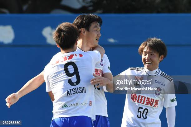 Kisho Yano of Albirex Niigata celebrates the second goal during the J.League J2 match between Yokohama FC and Albirex Niigata at Nippatsu Mitsuzawa...