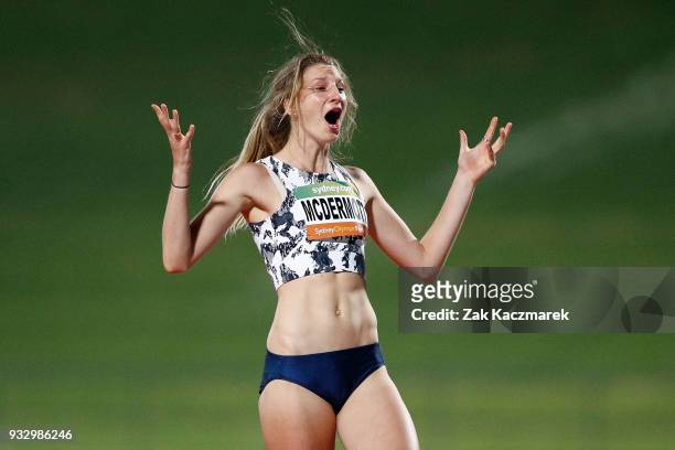 Nicola McDermott of NSW reacts while competing in the Women's High Jumpduring the 2018 Sydney Athletics Grand Prix at Sydney olympic Park Athletics...