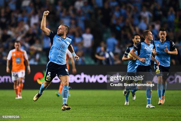 Jordy Buijs of Sydney celebrates after a Sydney goal during the round 23 A-League match between Sydney FC and the Brisbane Roar at Allianz Stadium on...