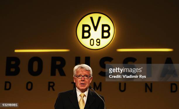 Reinhard Rauball, president of Borussia Dortmund holds a speach during the Borussia Dortmund annual meeting at the Westfallenhalle on November 22,...