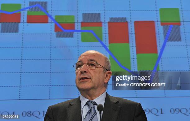 Economic and monetary affairs commissioner Joaquin Almunia presents on November 3, 2009 the twice-yealy economic forecast at EU headquarters in...