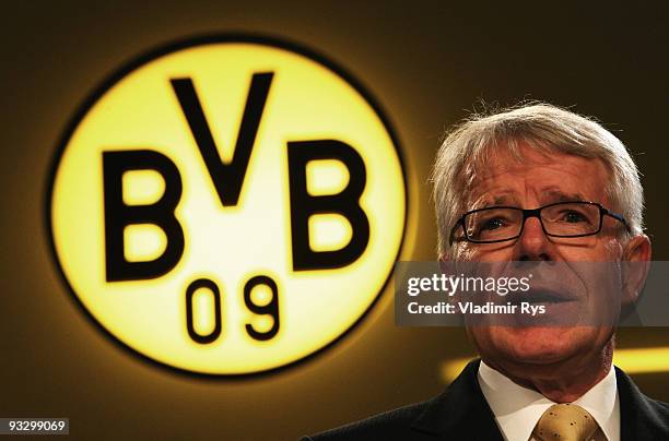 Reinhard Rauball, president of Borussia Dortmund adresses the audience during the Borussia Dortmund annual meeting at the Westfallenhalle on November...