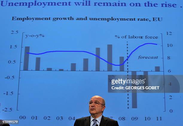 Economic and monetary affairs commissioner Joaquin Almunia presents on November 3, 2009 the twice-yealy economic forecast at EU headquarters in...