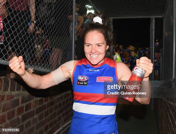 Emma Kearney of the Bulldogs celebrates winning the round seven AFLW match between the Western Bulldogs and the Melbourne Demons at Whitten Oval on...