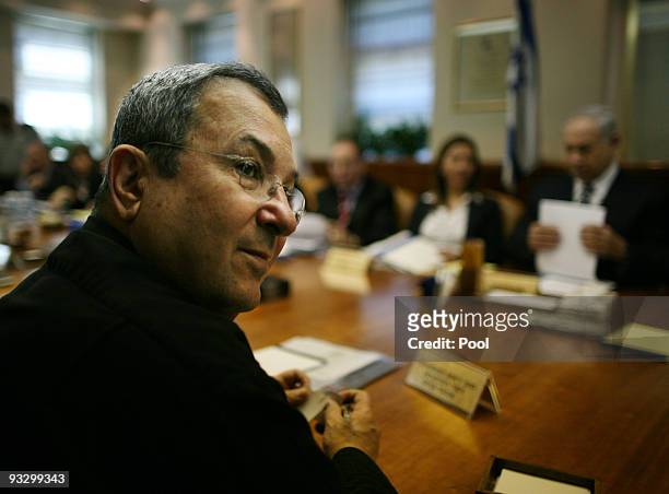 Israeli Defense Minister Ehud Barak attends the weekly cabinet meeting on November 22, 2009 in Jerusalem, Israel. According to reports, some Likud...