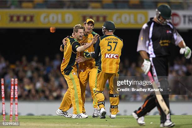 Steve Smith of Australia takes the wicket of Matthew Hayden of the ACA All*Stars during the Twenty20 exhibition match between Australia and the ACA...