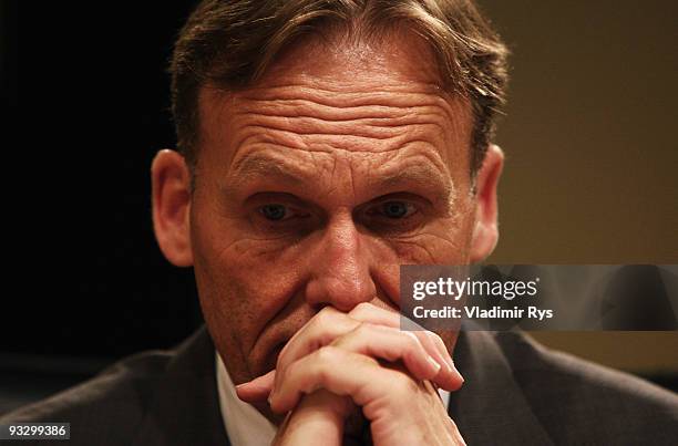 Hans-Joachim Watzke of Borussia Dortmund is pictured during the Borussia Dortmund annual meeting at the Westfallenhalle on November 22, 2009 in...