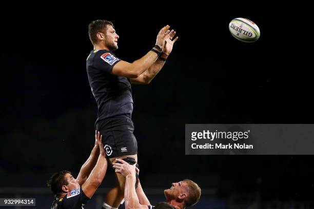 Ruan Botha of the Sharks contests a line out during the round five Super Rugby match between the Brumbies and the Sharks at GIO Stadium on March 17,...