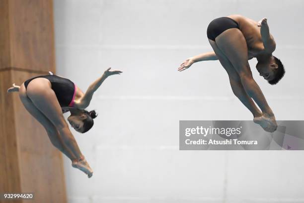 Diana Isabel Pineda Zuleta and Sebastian Villa Castaneda of Colombia compete in the Mixed 3m Synchro Springboard final during day three of the FINA...