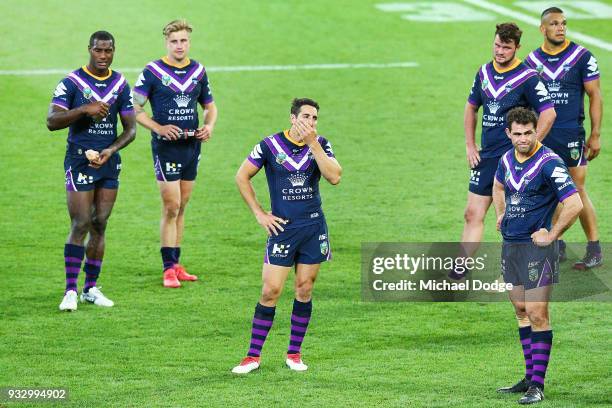 Billy Slater of the Storm looks dejected after losing in his 300th match during the round two NRL match between the Melbourne Storm and the Wests...