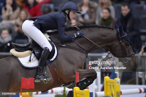 Andrea Hope of Great Britain on Slanelough Ultimatum competes during the Saut Hermes Talents Hermes at Le Grand Palais on March 17, 2018 in Paris,...