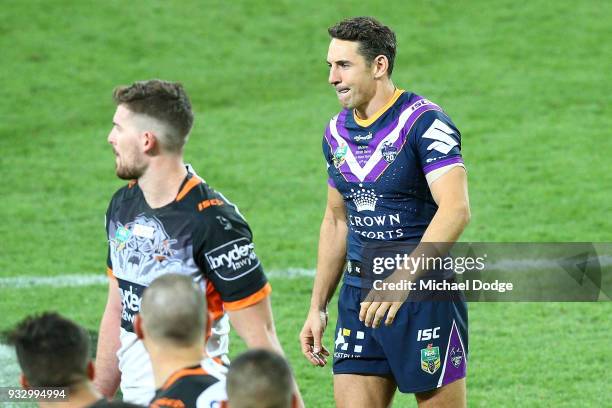 Billy Slater looks dejected after losing in his 300th match during the round two NRL match between the Melbourne Storm and the Wests Tigers at AAMI...