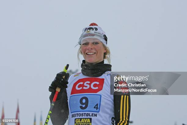 Claudia Nystad of Germany after finishing the Women's 4x5km Cross Country Relay Skiing during day two of the FIS World Cup on November 22, 2009 in...