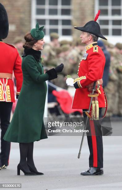 Catherine, Duchess of Cambridge attends the annual Irish Guards St Patrick's Day Parade at Cavalry Barracks on March 17, 2018 in Hounslow, England.