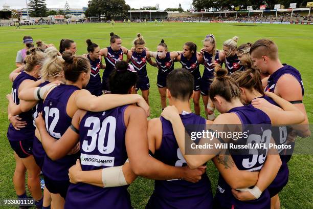 Kara Donnellan of the Dockers speaks to the huddle at the start of the game during the round seven AFLW match between the Fremantle Dockers and the...