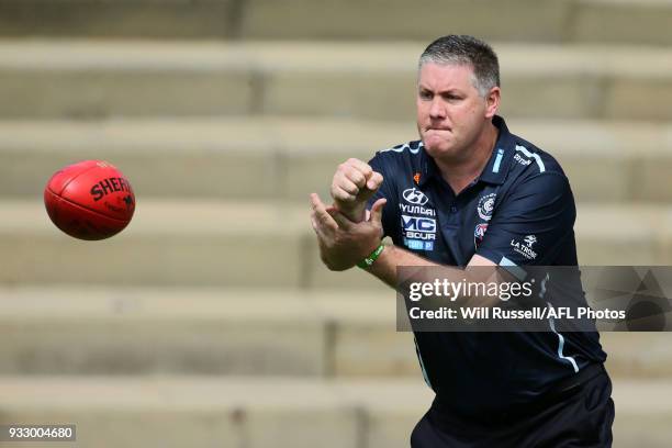 Damien Keeping, Coach of the Blues at warm up during the round seven AFLW match between the Fremantle Dockers and the Carlton Blues at Fremantle Oval...