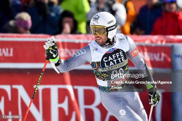 Thomas Fanara of France celebrates during the Audi FIS Alpine Ski World Cup Finals Men's Giant Slalom on March 17, 2018 in Are, Sweden.