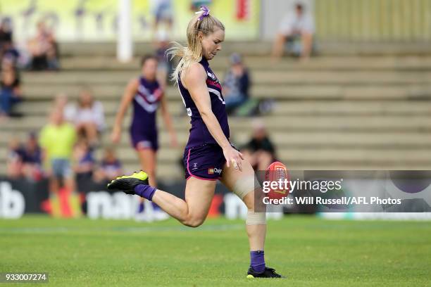 Hayley Miller of the Dockers kicks the ball during the round seven AFLW match between the Fremantle Dockers and the Carlton Blues at Fremantle Oval...