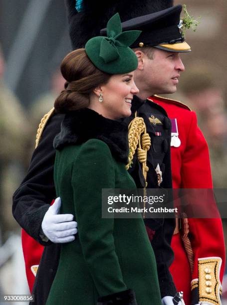 Catherine, Duchess of Cambridge and Prince William, Duke Of Cambridge attend the annual Irish Guards St Patrick's Day Parade at Cavalry Barracks on...