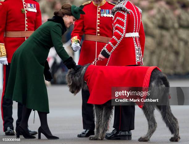 Catherine, Duchess of Cambridge attends the annual Irish Guards St Patrick's Day Parade at Cavalry Barracks on March 17, 2018 in Hounslow, England.