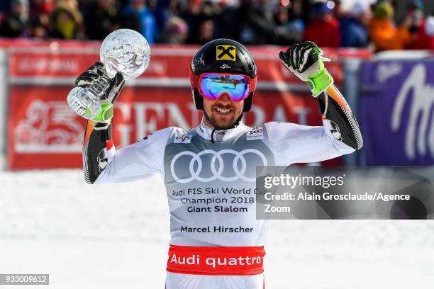 Marcel Hirscher of Austria wins the globe during the Audi FIS Alpine Ski World Cup Finals Men's Giant Slalom on March 17, 2018 in Are, Sweden.