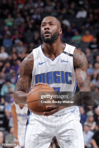 Jonathon Simmons of the Orlando Magic attempts a free-throw shot against the Sacramento Kings on March 9, 2018 at Golden 1 Center in Sacramento,...