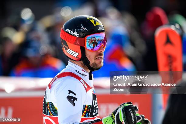 Marcel Hirscher of Austria takes 1st place during the Audi FIS Alpine Ski World Cup Finals Men's Giant Slalom on March 17, 2018 in Are, Sweden.