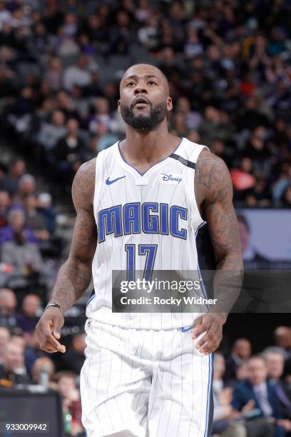 Jonathon Simmons of the Orlando Magic looks on during the game against the Sacramento Kings on March 9, 2018 at Golden 1 Center in Sacramento,...