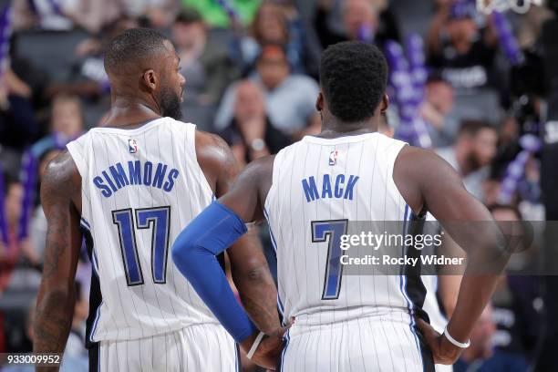 Jonathon Simmons and Shelvin Mack of the Orlando Magic look on during the game against the Sacramento Kings on March 9, 2018 at Golden 1 Center in...