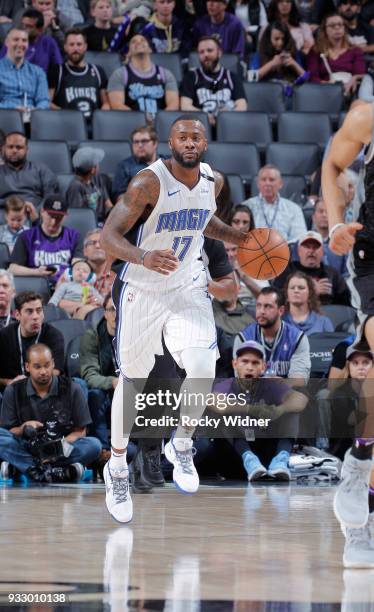 Jonathon Simmons of the Orlando Magic brings the ball up the court against the Sacramento Kings on March 9, 2018 at Golden 1 Center in Sacramento,...