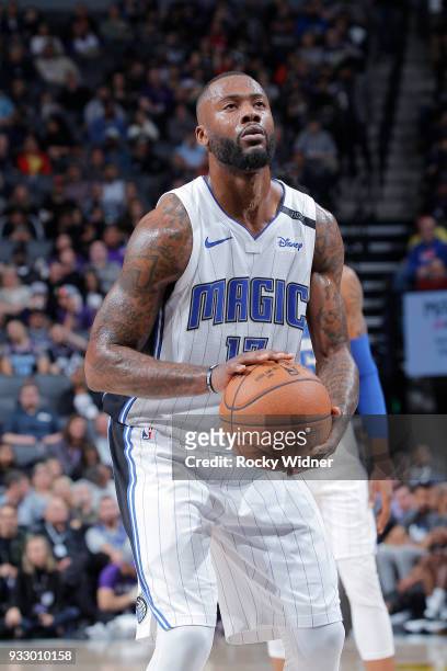 Jonathon Simmons of the Orlando Magic attempts a free-throw shot against the Sacramento Kings on March 9, 2018 at Golden 1 Center in Sacramento,...