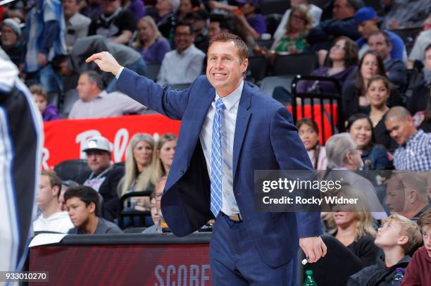 Head coach Dave Joerger of the Sacramento Kings coaches against the Orlando Magic on March 9, 2018 at Golden 1 Center in Sacramento, California. NOTE...