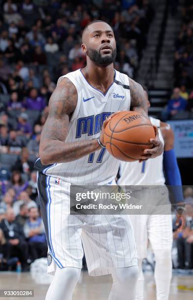 Jonathon Simmons of the Orlando Magic attempts a free-throw shot against the Sacramento Kings on March 9, 2018 at Golden 1 Center in Sacramento,...