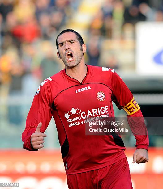 Cristiano Lucarelli of AS Livorno celebrates after the first goal during the Serie A match between Livorno and Genoa at Stadio Armando Picchi on...