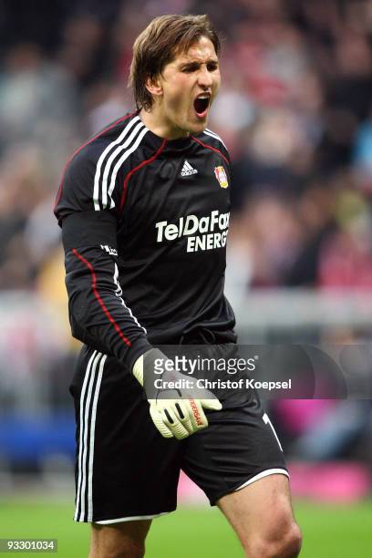 Rene Adler of Leverkusen shows his frustration after the first goal during the Bundesliga match between Bayern Muenchen and Bayer Leverkusen at the...