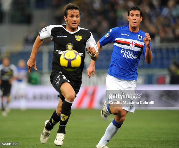 Marco Rossi of UC Sampdoria battles for the ball against Elvis Abbruscato of AC Chievo Verona during the Serie A match between UC Sampdoria and AC...