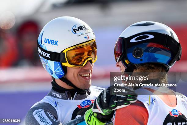 Victor Muffat-jeandet of France takes 3rd place, Henrik Kristoffersen of Norway takes 2nd place during the Audi FIS Alpine Ski World Cup Finals Men's...