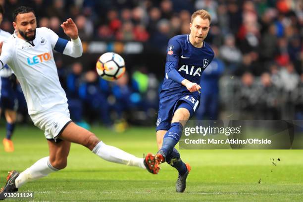 Christian Eriksen of Tottenham Hotspur scores the opening goal during the Emirates FA Cup Quarter Final match between Swansea City and Tottenham...