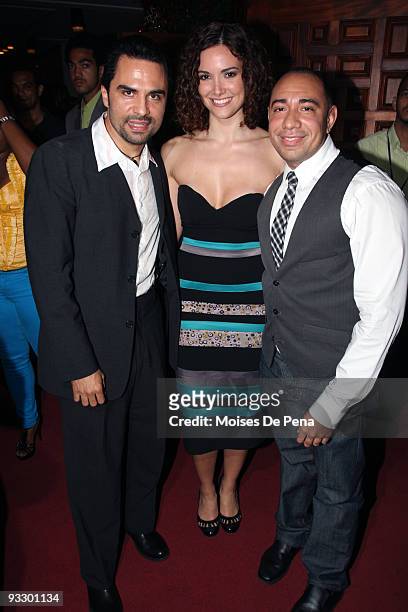 Actor Manny Perez, Miss Universe 2001 Denise Quinones and Executive Director Calixto Chinchilla attends the "La Soga" premier during the Dominican...