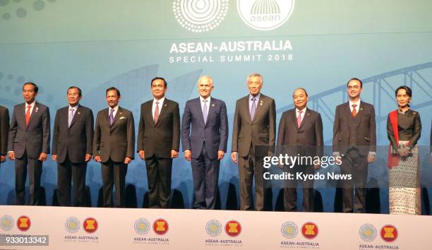 Leaders of the Association of Southeast Asian Nations and Australia gather for a photo at the ASEAN-Australia special summit in Sydney on March 17,...