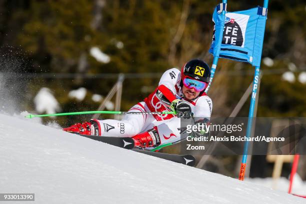 Marcel Hirscher of Austria competes during the Audi FIS Alpine Ski World Cup Finals Men's Giant Slalom on March 17, 2018 in Are, Sweden.