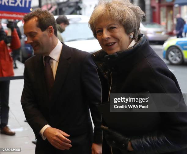 Britain's Prime Minister, Theresa May arrives at the Conservative Party's Spring Forum in central London on March 17, 2018 in London, England....