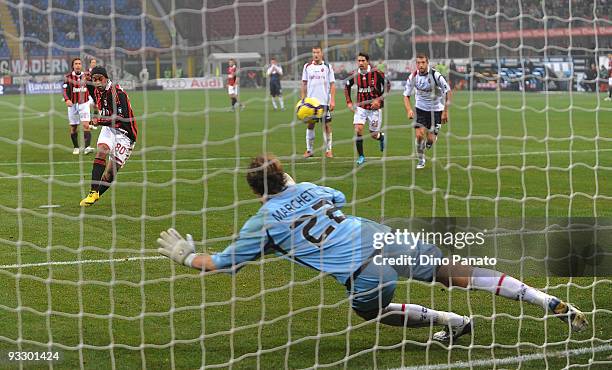 Ronaldinho of Milan scores the fourth goal from the penality spot during the Serie A match between Milan and Cagliari at Stadio Giuseppe Meazza on...