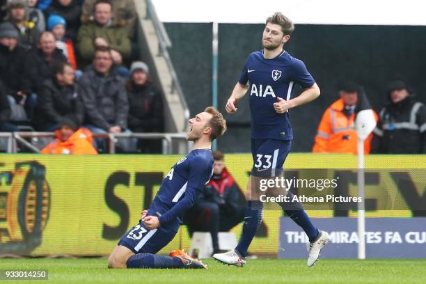 Christian Eriksen of Tottenham Hotspur celebrates scoring his sides first goal of the match during the Fly Emirates FA Cup Quarter Final match...