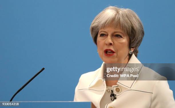 Britain's Prime Minister, Theresa May gives a speech at the Conservative Party's Spring Forum in central London on March 17, 2018 in London, England....